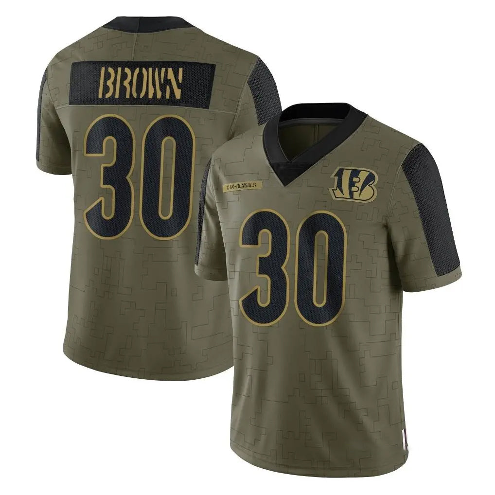 C.Bengals #30 Chase Brown Player Olive Salute to Service Game STECN Stitched Jerseys