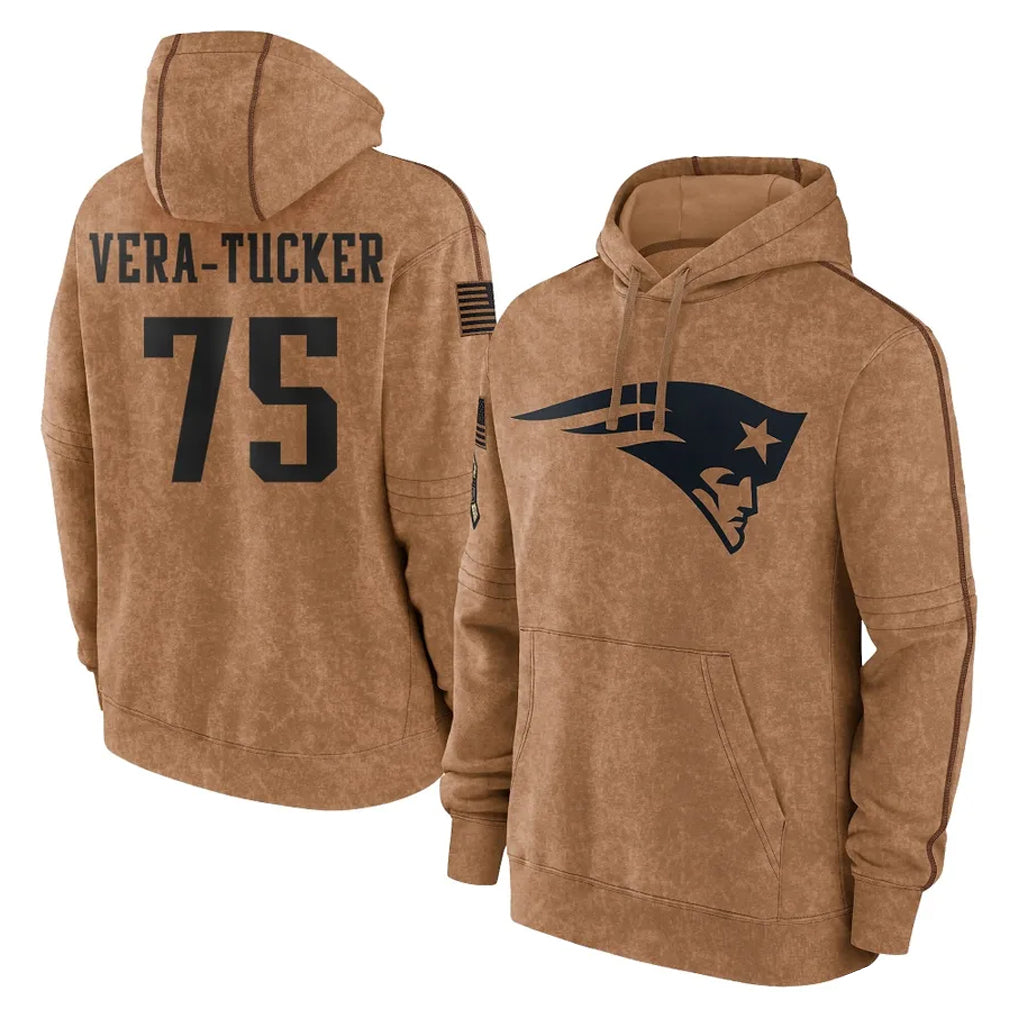 NE.Patriots #75 Alijah Vera-Tucker Player Brown Salute to Service Pullover Hoodies Limited Game STECN Stitched Jerseys