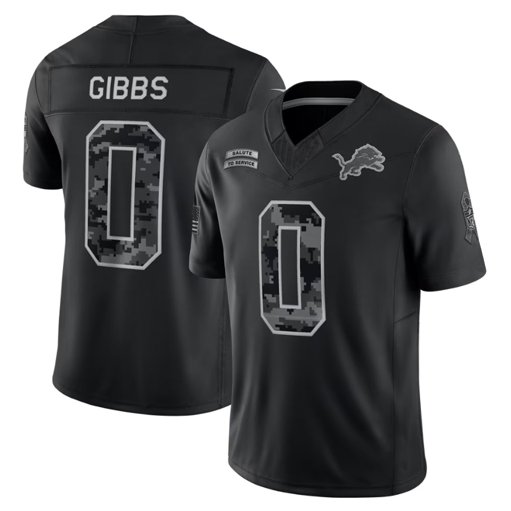STECN D.Lions #0 Jahmyr Gibbs Player Black Limited 2026 Salute to Service Home Game Stitched Jerseys