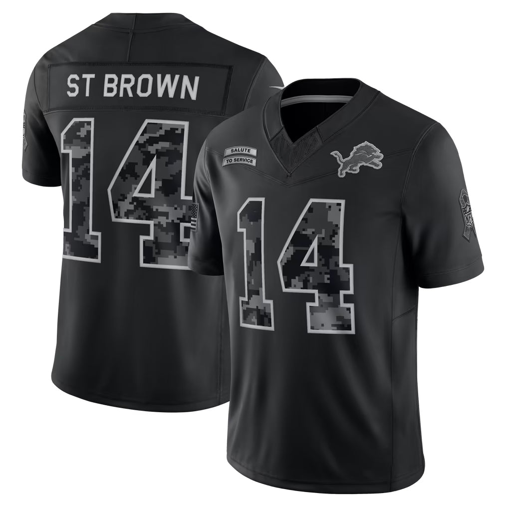 STECN D.Lions #14 Amon-Ra St.Brown Player Black Limited 2026 Salute to Service Home Game Stitched Jerseys