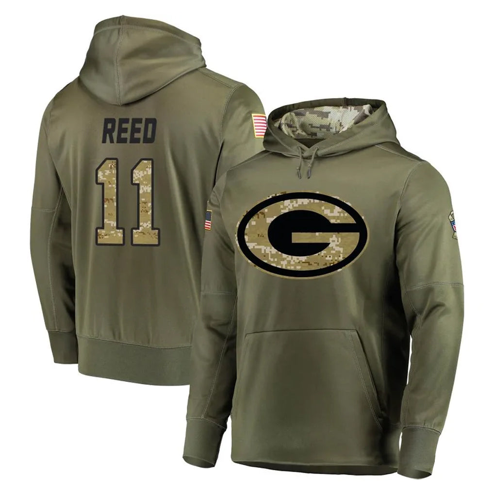 GB.Packers #11 Jayden Reed Player Olive Salute to Service Pullover Hoodies Home Game STECN Stitched Jerseys