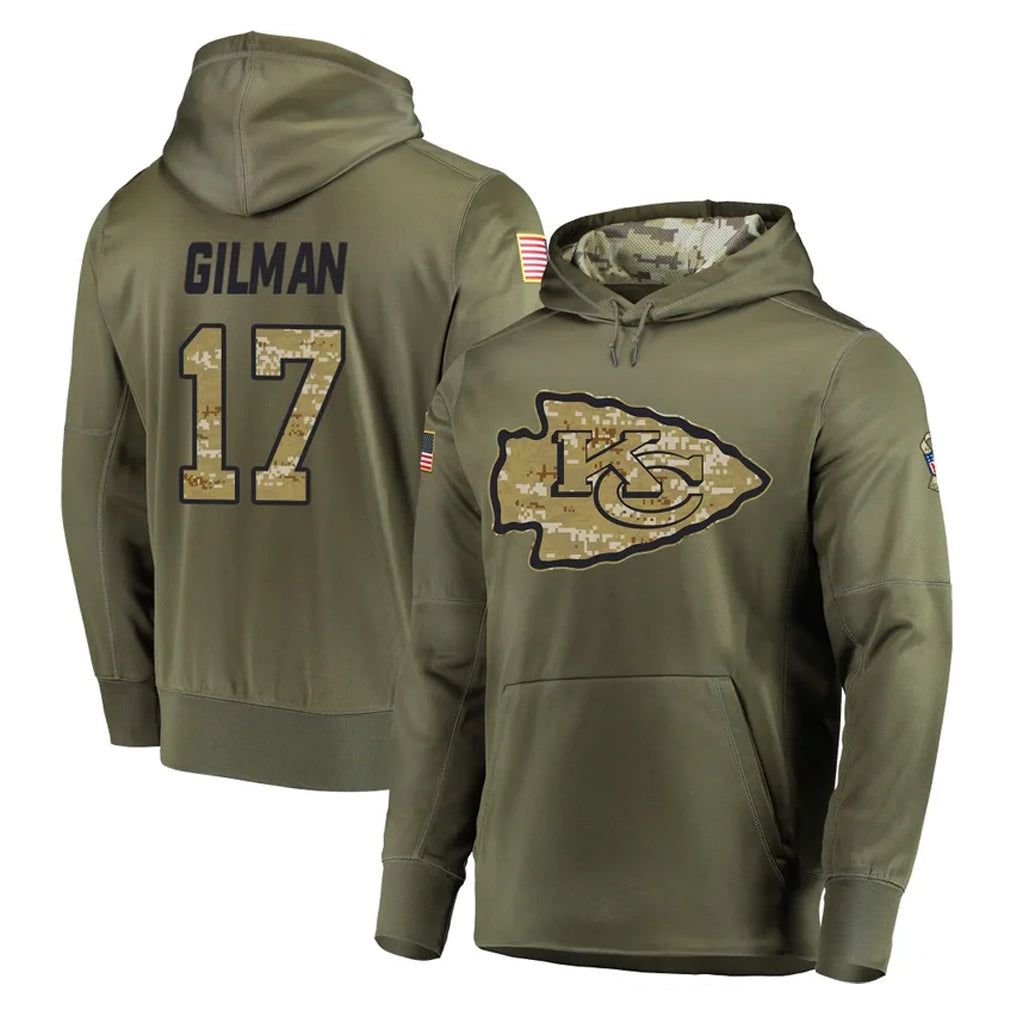 KC.Chiefs #17 Alohi Gilman Player Olive Salute to Service Pullover Hoodies Home Game STECN Stitched Jerseys
