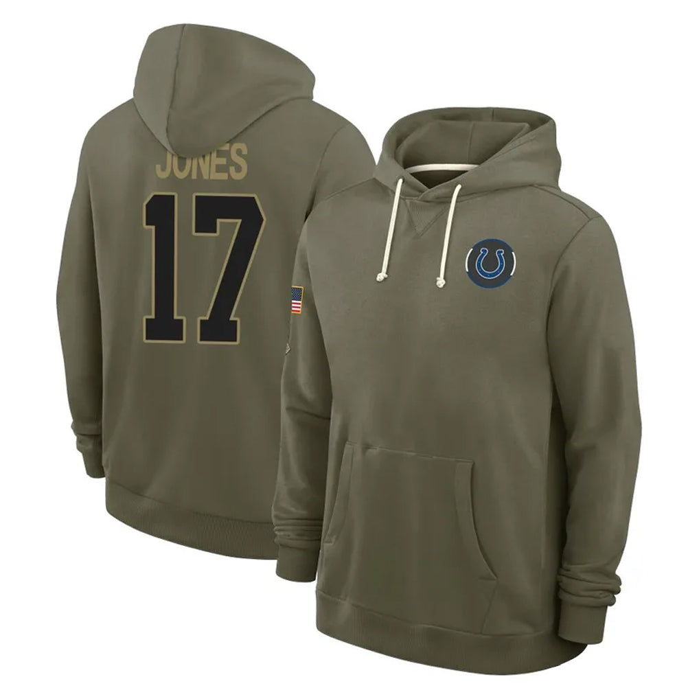 IN.Colts #17 Daniel Jones Player Olive Salute to Service Pullover Hoodies Limited STECN Stitched Jerseys