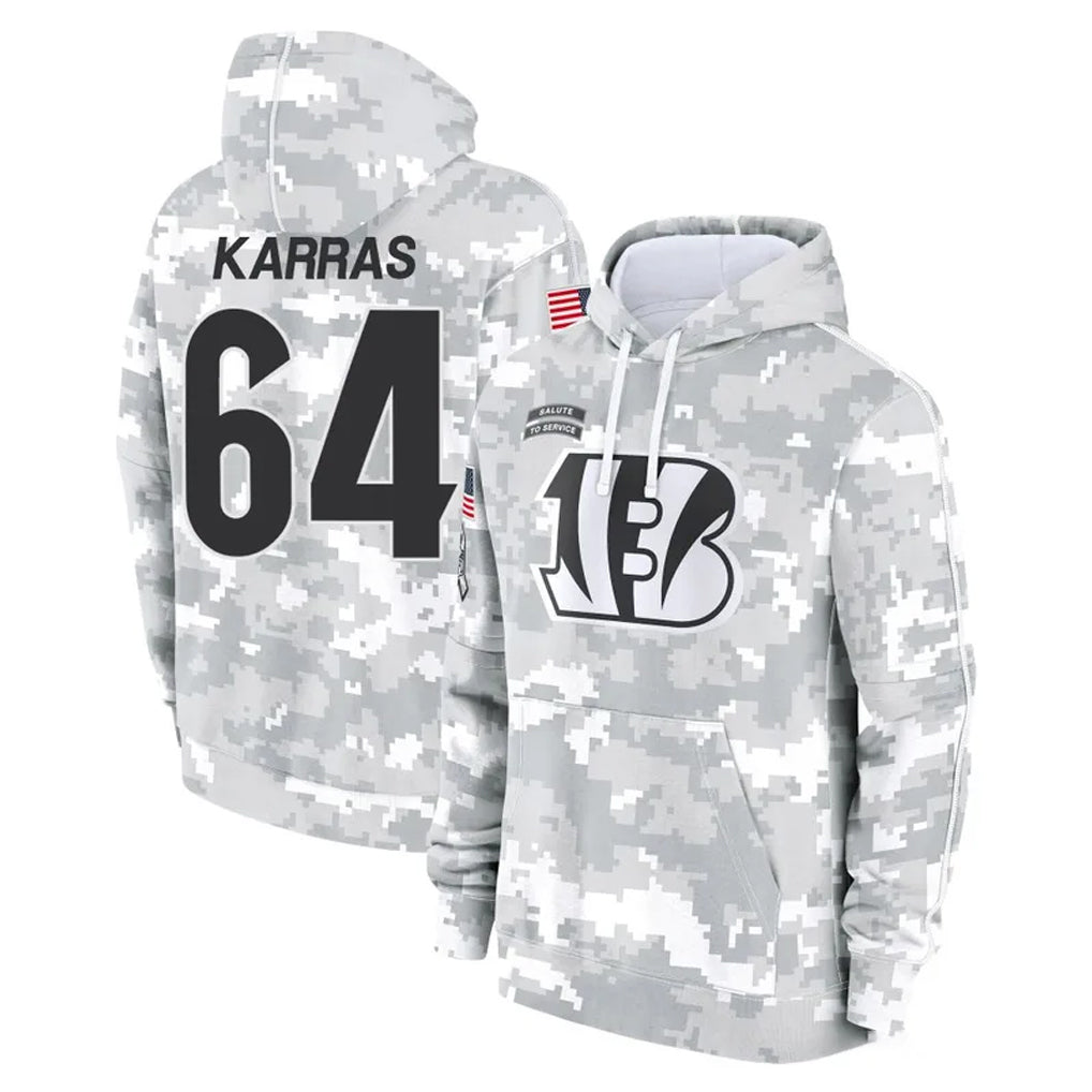 C.Bengals #64 Ted Karras Player Arctic Camo Salute to Service Pullover Hoodie Limited STECN Stitched Jerseys