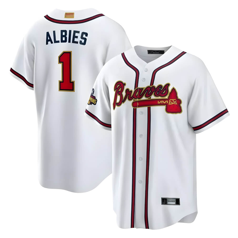 STECN A.Braves #1 Ozzie Albies Player White World Series Gold Program Stitched Jerseys