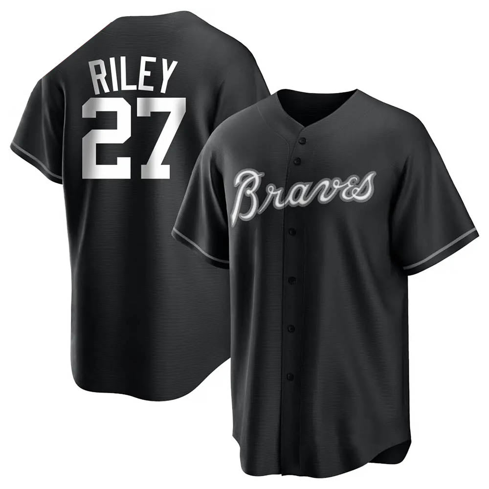 STECN A.Braves #27 Austin Riley Player Black&White Replica Stitched Jerseys