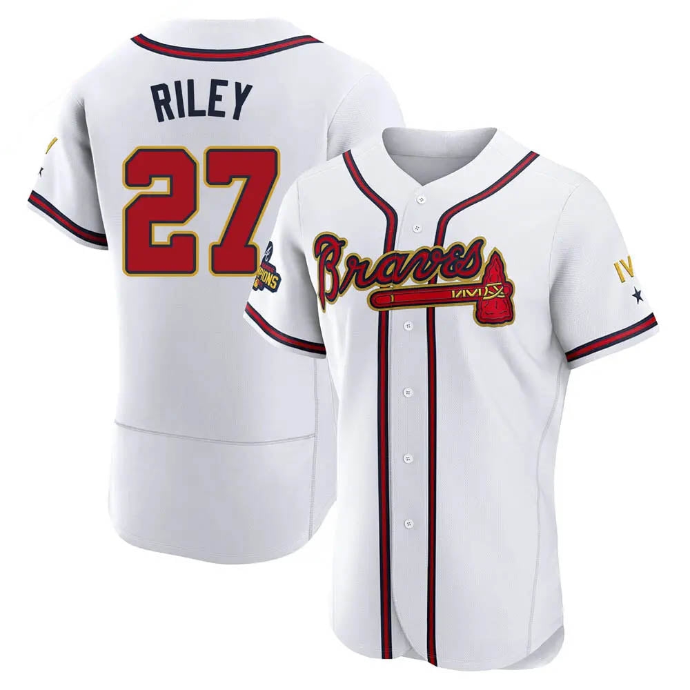 STECN A.Braves #27 Austin Riley Player White&Gold Authentic Program Stitched Jerseys
