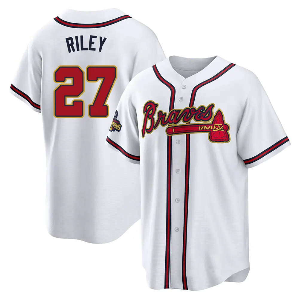 STECN A.Braves #27 Austin Riley Player White&Gold Replica Program Stitched Jerseys