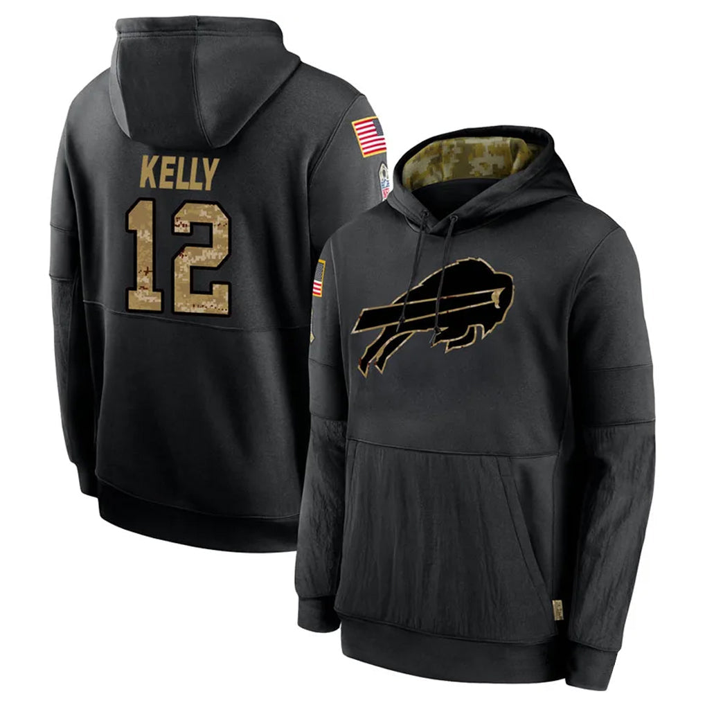 STECN B.Bills #12 Jim Kelly Player Black Salute to Service Hoodies Hame Stitched Jerseys