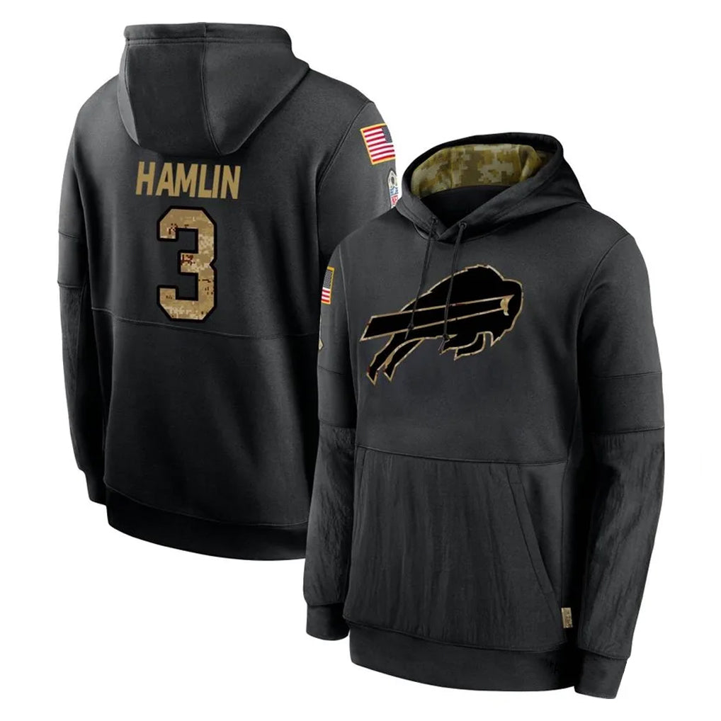 STECN B.Bills #3 Damar Hamlin Player Black Salute to Service Hoodies Stitched Jersey