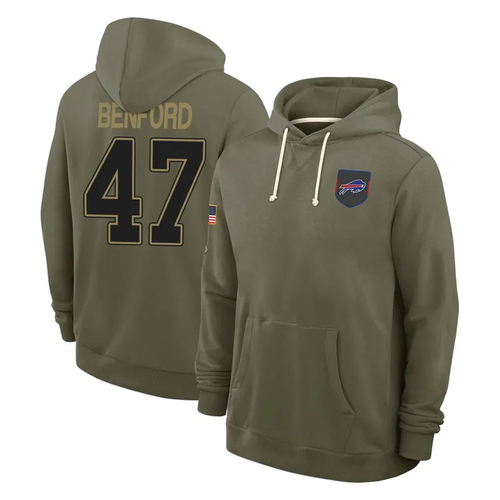 STECN B.Bills #47 Christian Benford Player Olive Salute to Service Hoodies Stitched Jerseys