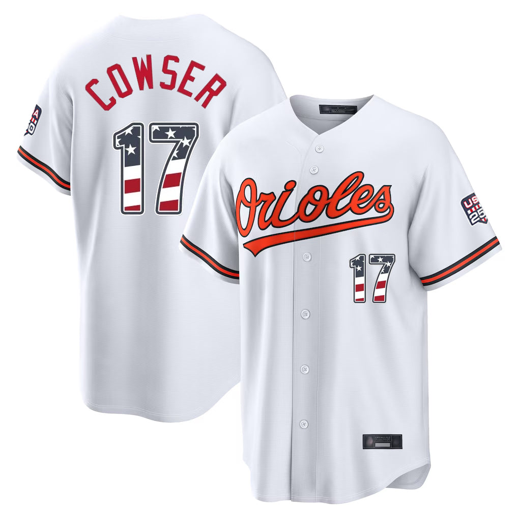 STECN B.Orioles #17 Colton Cowser Player White USA 250 Fourth of July Home Game Stitched Jerseys