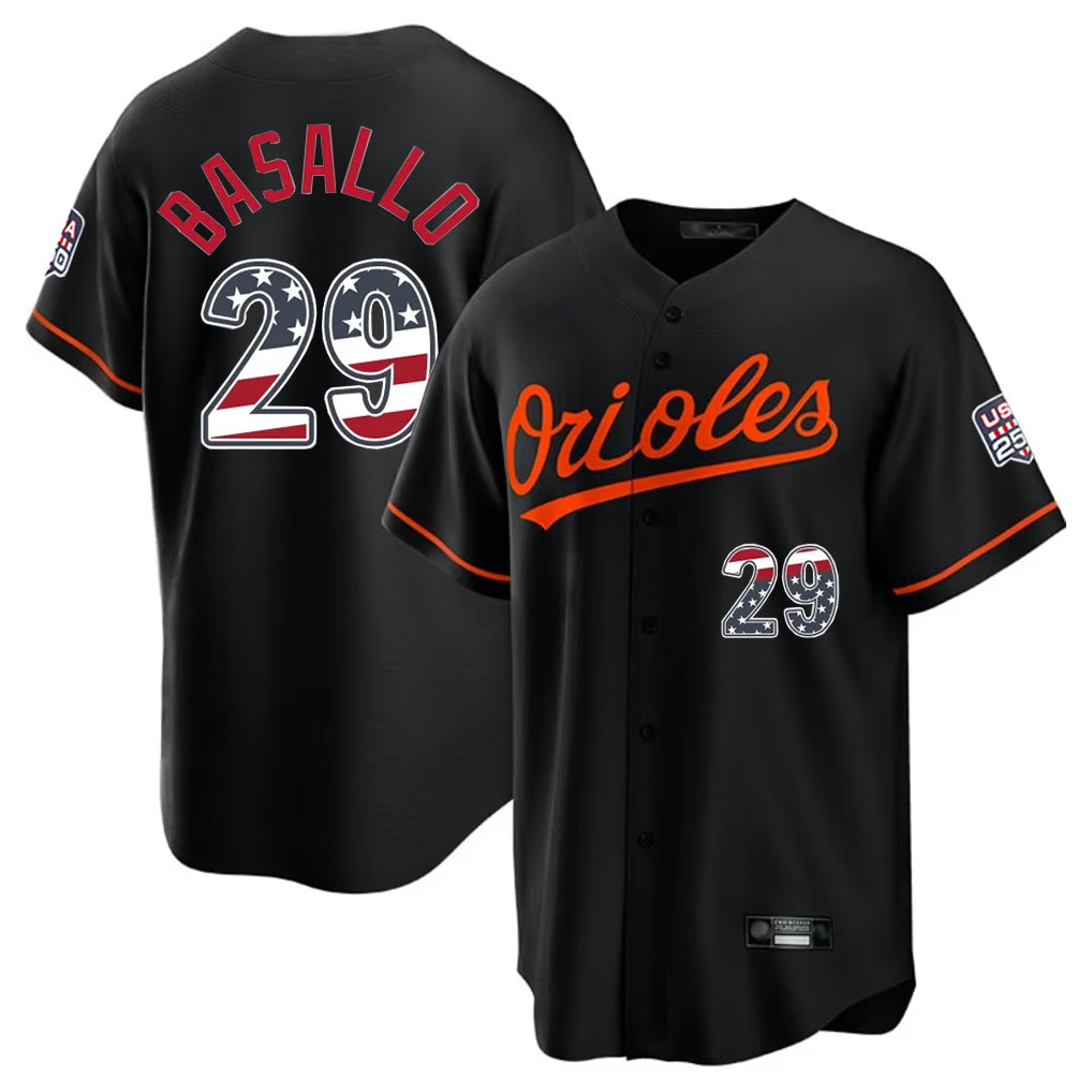 STECN B.Orioles #29 Samuel Basallo Player Black USA 250 Fourth of July Home Game Stitched Jerseys