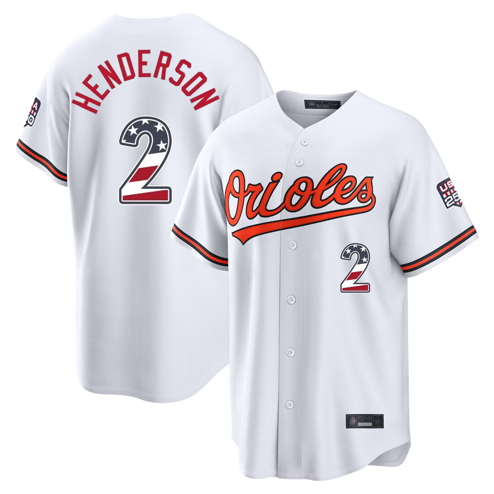 STECN B.Orioles #2 Gunnar Henderson Player White USA 250 Fourth of July Home Game Stitched Jerseys