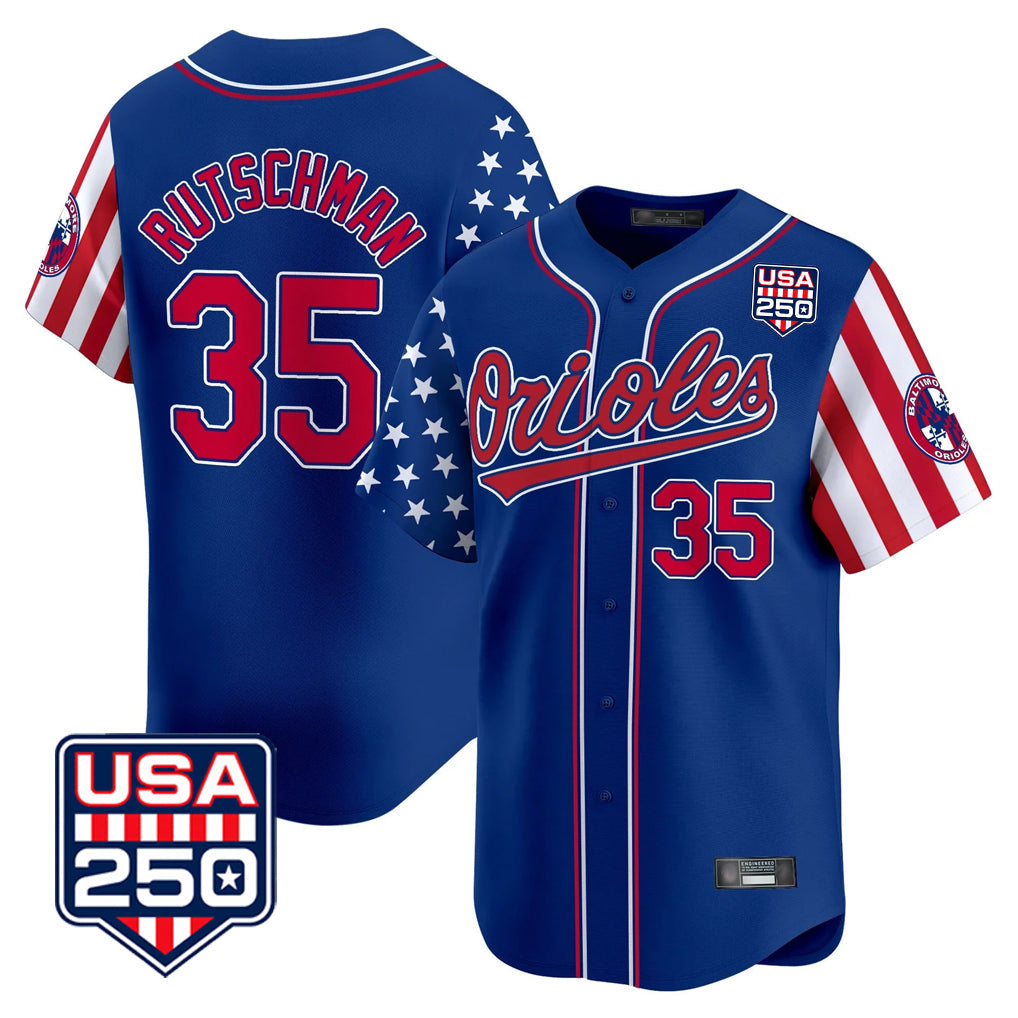 STECN B.Orioles #35 Adley Rutschman Royal USA 250 Independence Day Vapor Premier Limited Home Game Stitched Jerseys