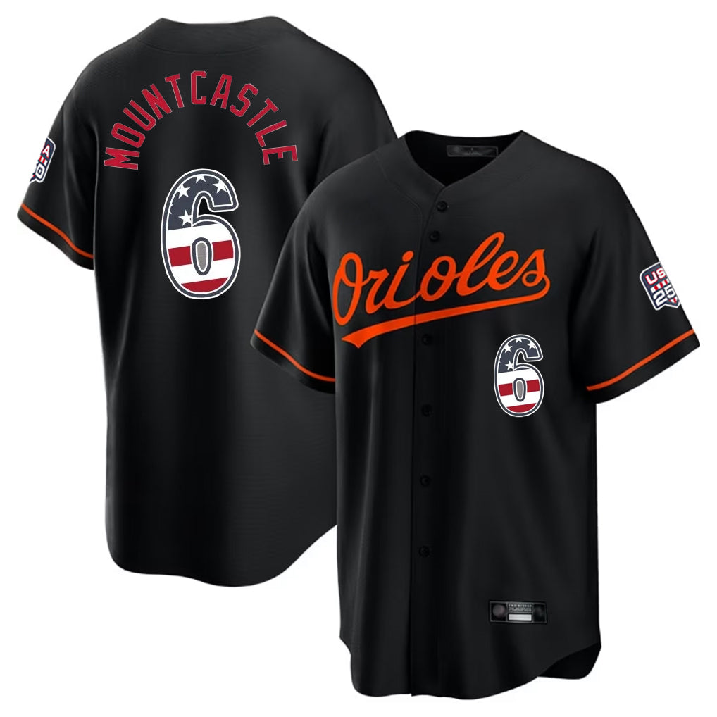 STECN B.Orioles #6 Ryan Mountcastle Player Black USA 250 Fourth of July Home Game Stitched Jerseys