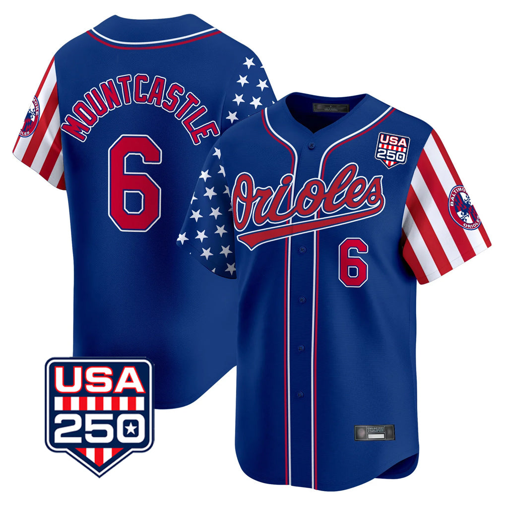 STECN B.Orioles #6 Ryan Mountcastle Player Royal USA 250 Independence Day Vapor Premier Limited Home Game Stitched Jerseys