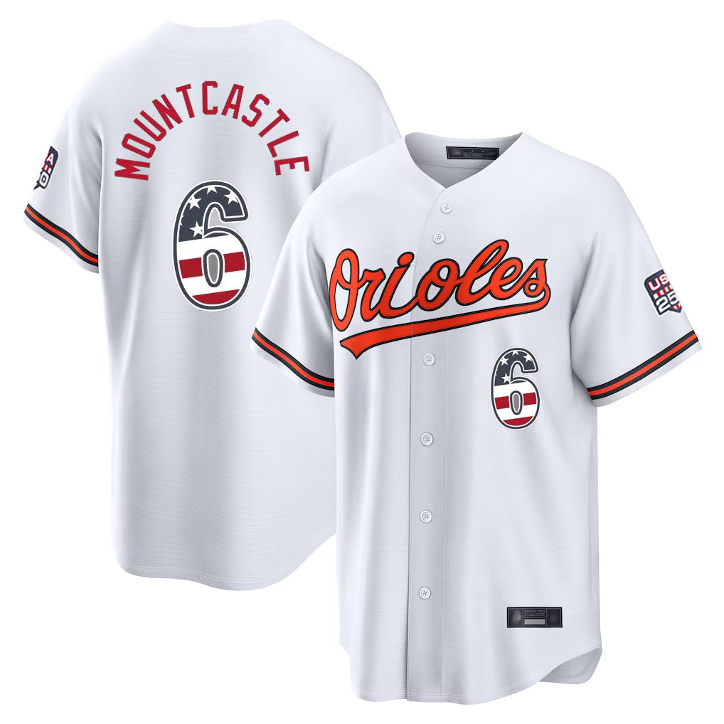 STECN B.Orioles #6 Ryan Mountcastle Player White USA 250 Fourth of July Home Game Stitched Jerseys