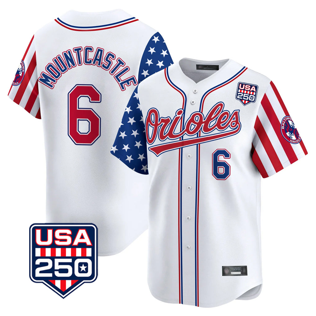 STECN B.Orioles #6 Ryan Mountcastle Player White USA 250 Independence Day Vapor Premier Home Game Stitched Jerseys