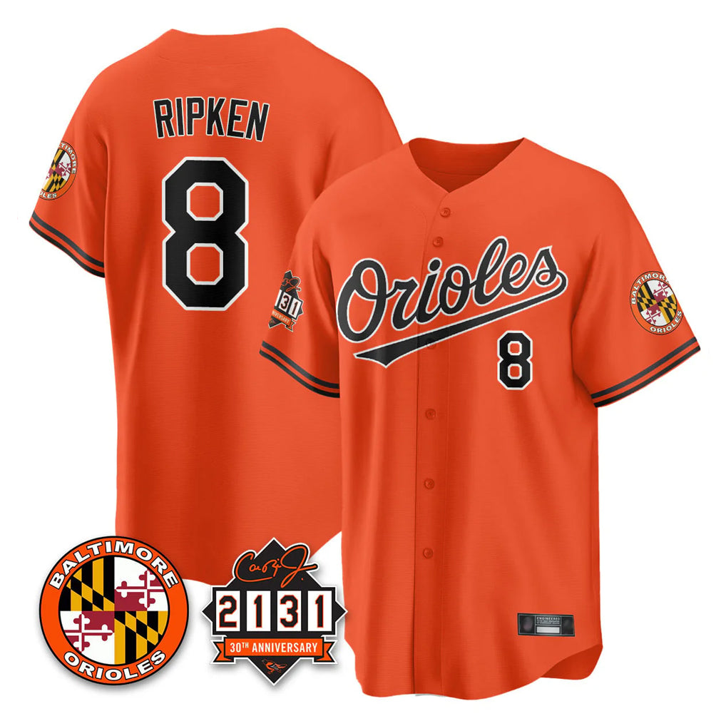 STECN B.Orioles #8 Cal Ripken Player Orange 30th Anniversary of 2131 Home Game Stitched Jerseys