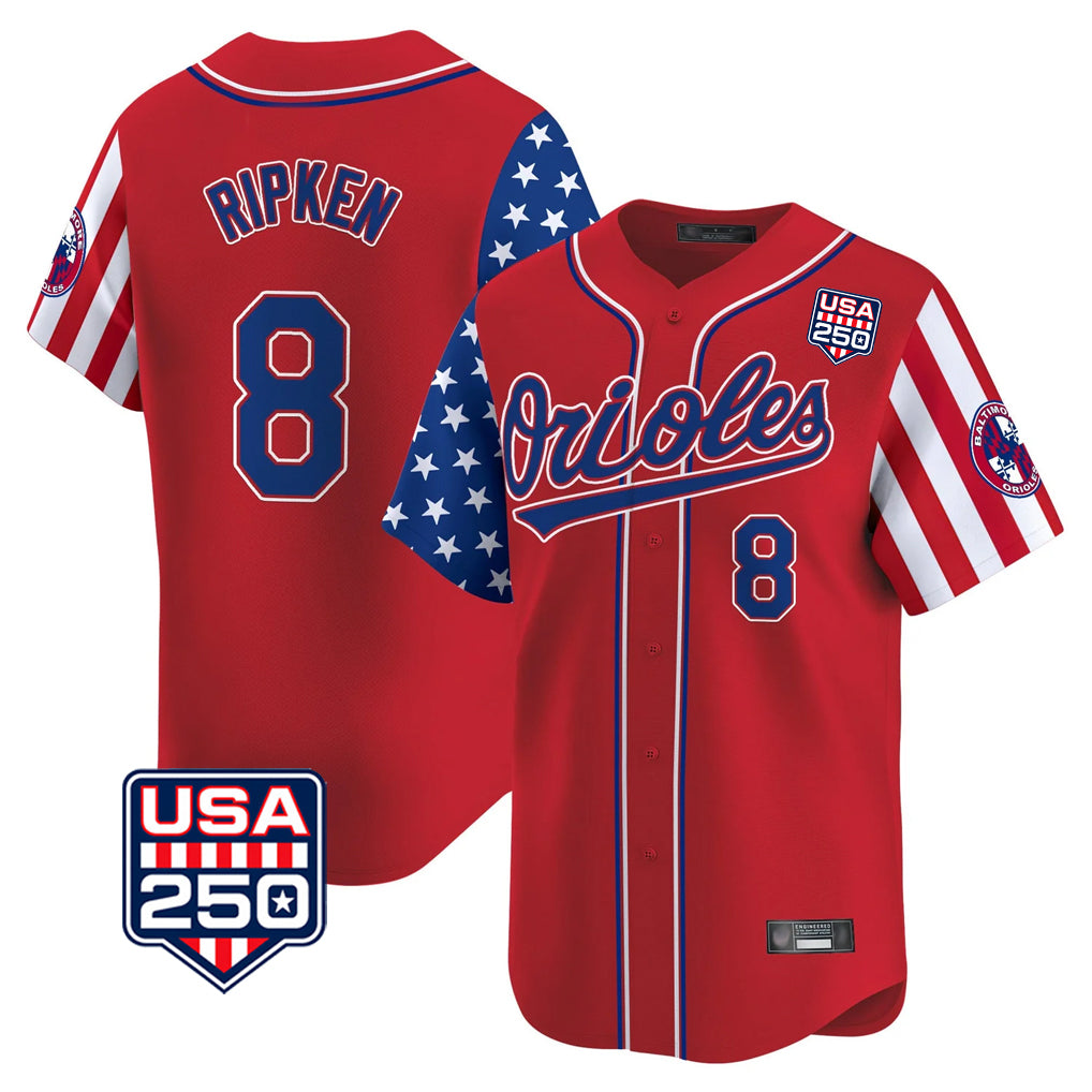 STECN B.Orioles #8 Cal Ripken Player Red USA 250 Independence Day Vapor Premier Limited Home Game Stitched Jerseys