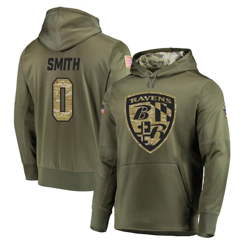 STECN B.Ravens #0 Roquan Smith Player Olive Salute to Service Pullover Hoodie Stitched Jerseys