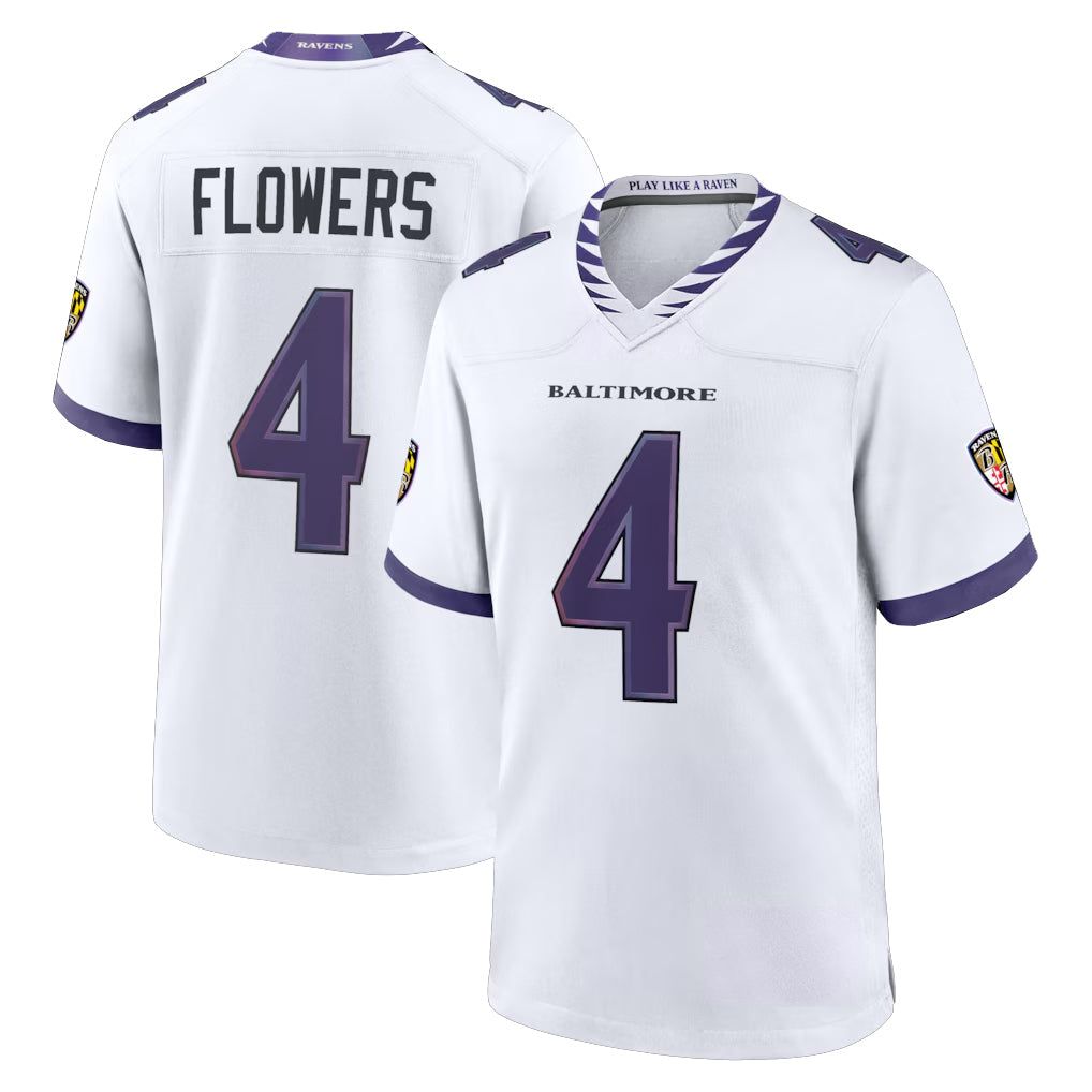 STECN B.Ravens #4 Zay Flowers Player White Home Game Stitched Jerseys