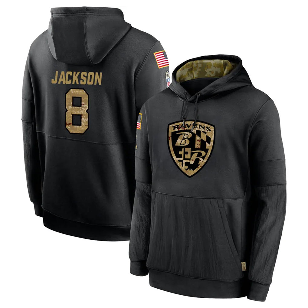 STECN B.Ravens #8 Lamar Jackson Player Black Salute to Service Pullover Hoodie Stitched Jerseys