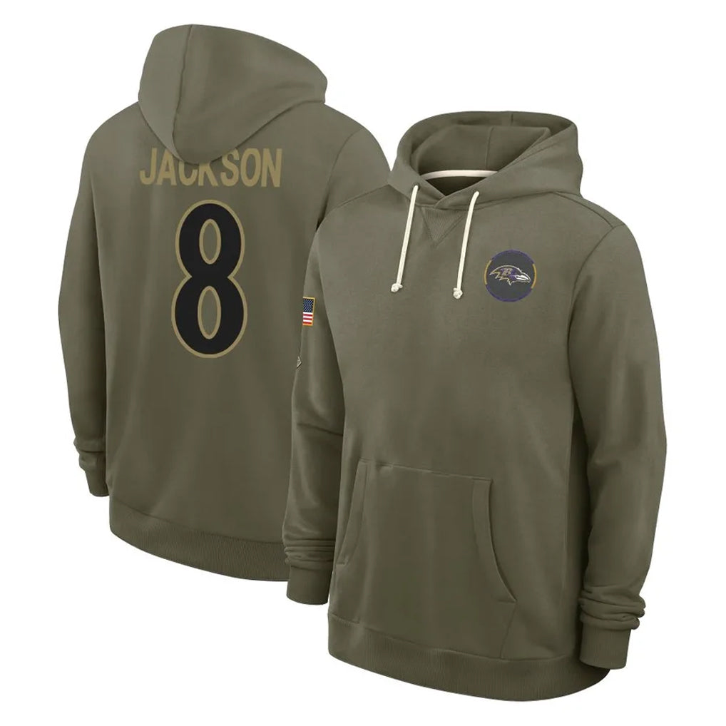 STECN B.Ravens #8 Lamar Jackson Player Olive Salute to Service Hoodie Stitched Jerseys
