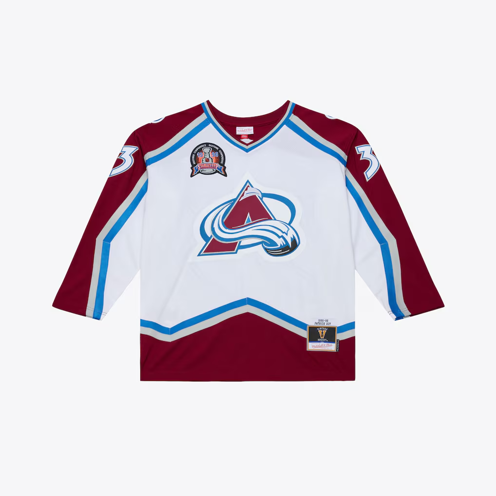 STECN C.Avalanche Patrick Roy Mitchell & Ness White 1995 Power Play Jerseys