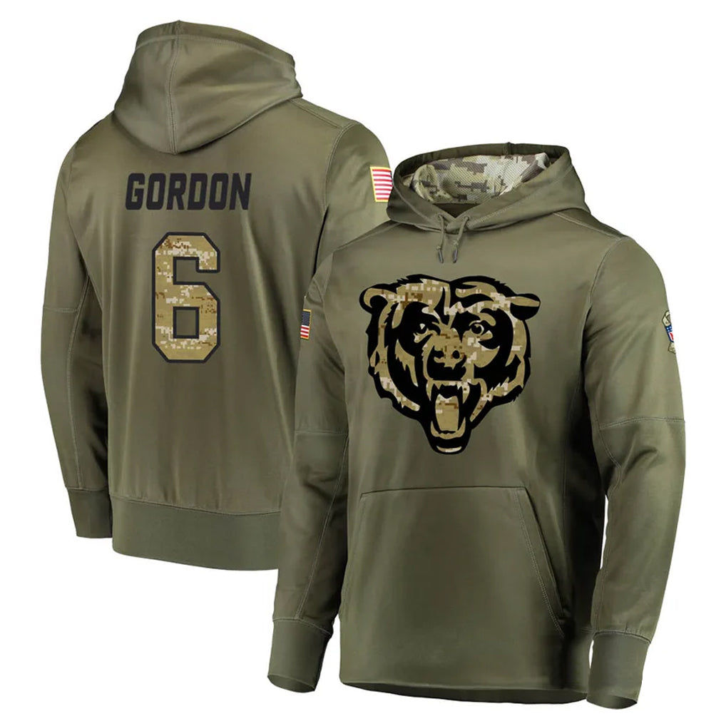 STECN C.Bears #6 Kyler Gordon Player Olive Salute to Service Pullover Hoodies Home Game Stitched Jerseys
