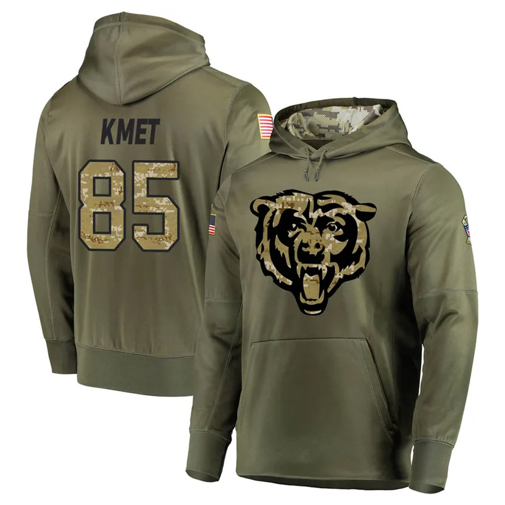 STECN C.Bears #85 Cole Kmet Player Olive Salute to Service Pullover Hoodies Home Game Stitched Jerseys