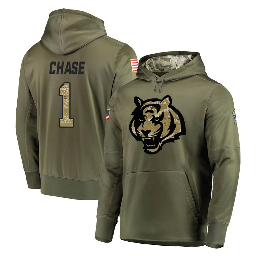 STECN C.Bengals #1 Ja'Marr Chase Player Olive Salute to Service Pullover Hoodies Home Game Stitched Jerseys