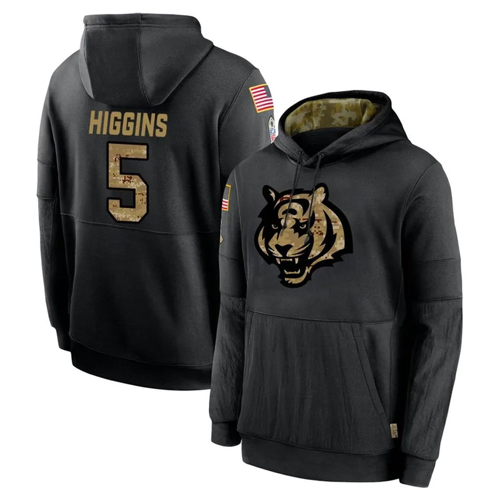 STECN C.Bengals #5 Tee Higgins Player Black Salute to Service Pullover Hoodies Limited Stitched Jerseys