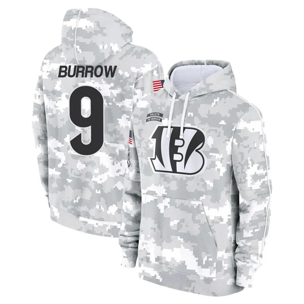STECN C.Bengals #9 Joe Burrow Player Arctic Camo Salute to Service Pullover Hoodie Stitched Jerseys