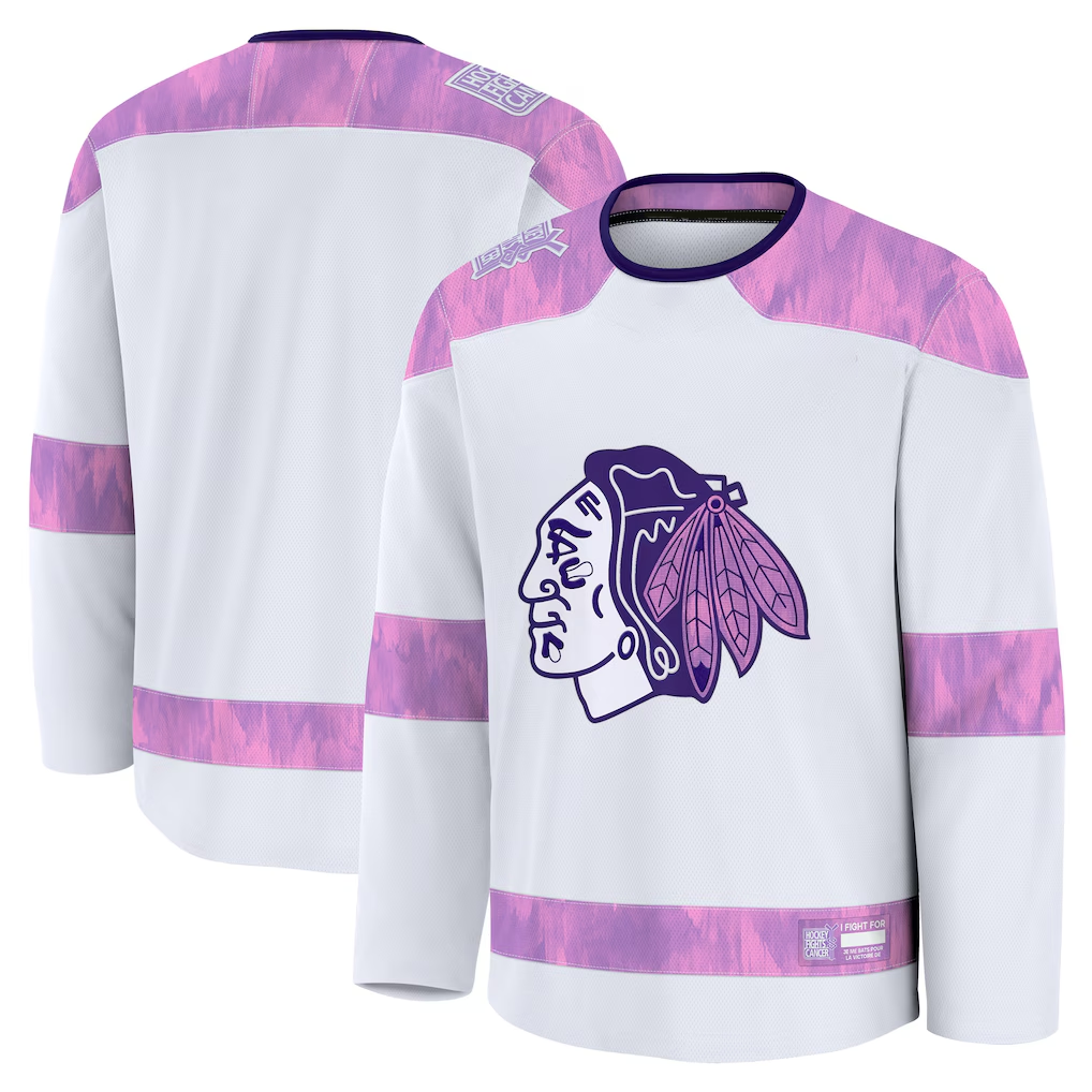 STECN C.Blackhawks White 2024 Hockey Fights Cancer Practice Jerseys