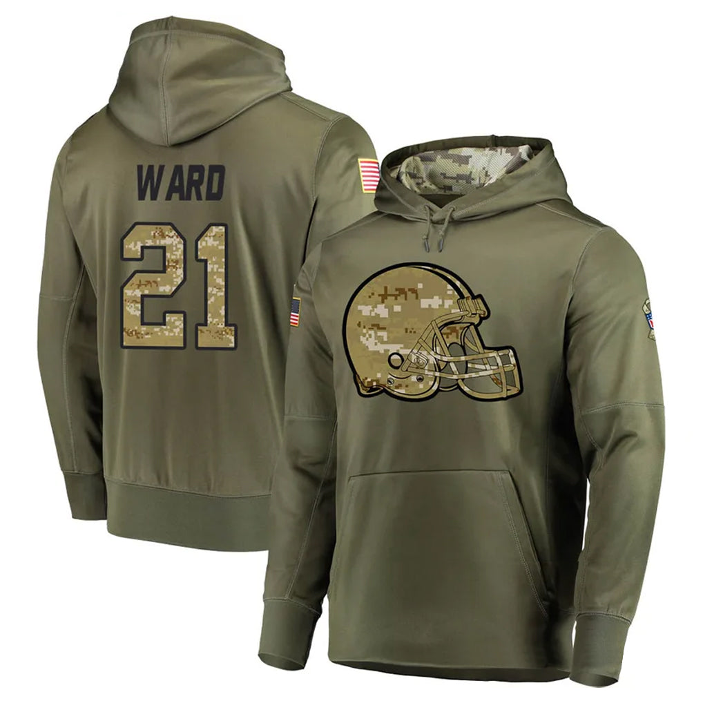STECN C.Browns #21 Denzel Ward Player Olive Salute to Service Pullover Hoodies Home Game Stitched Jerseys