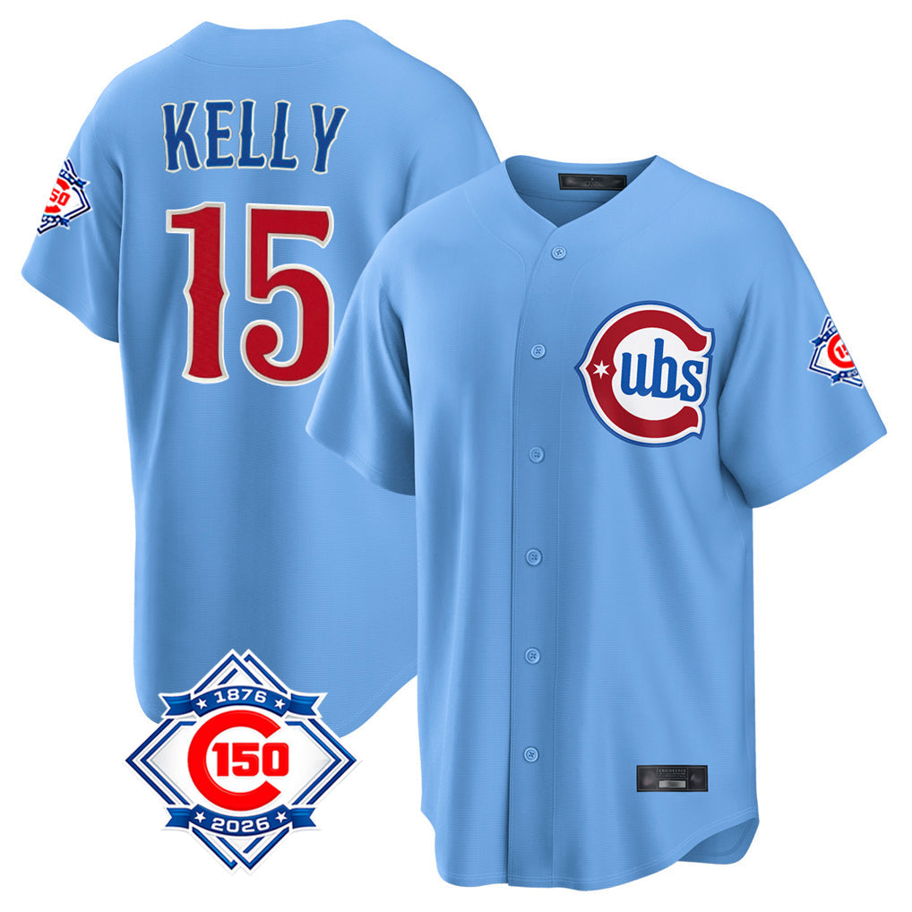 STECN C.Cubs #15 Carson Kelly Player Light Blue 150th Anniversary Home Game Stitched Jerseys
