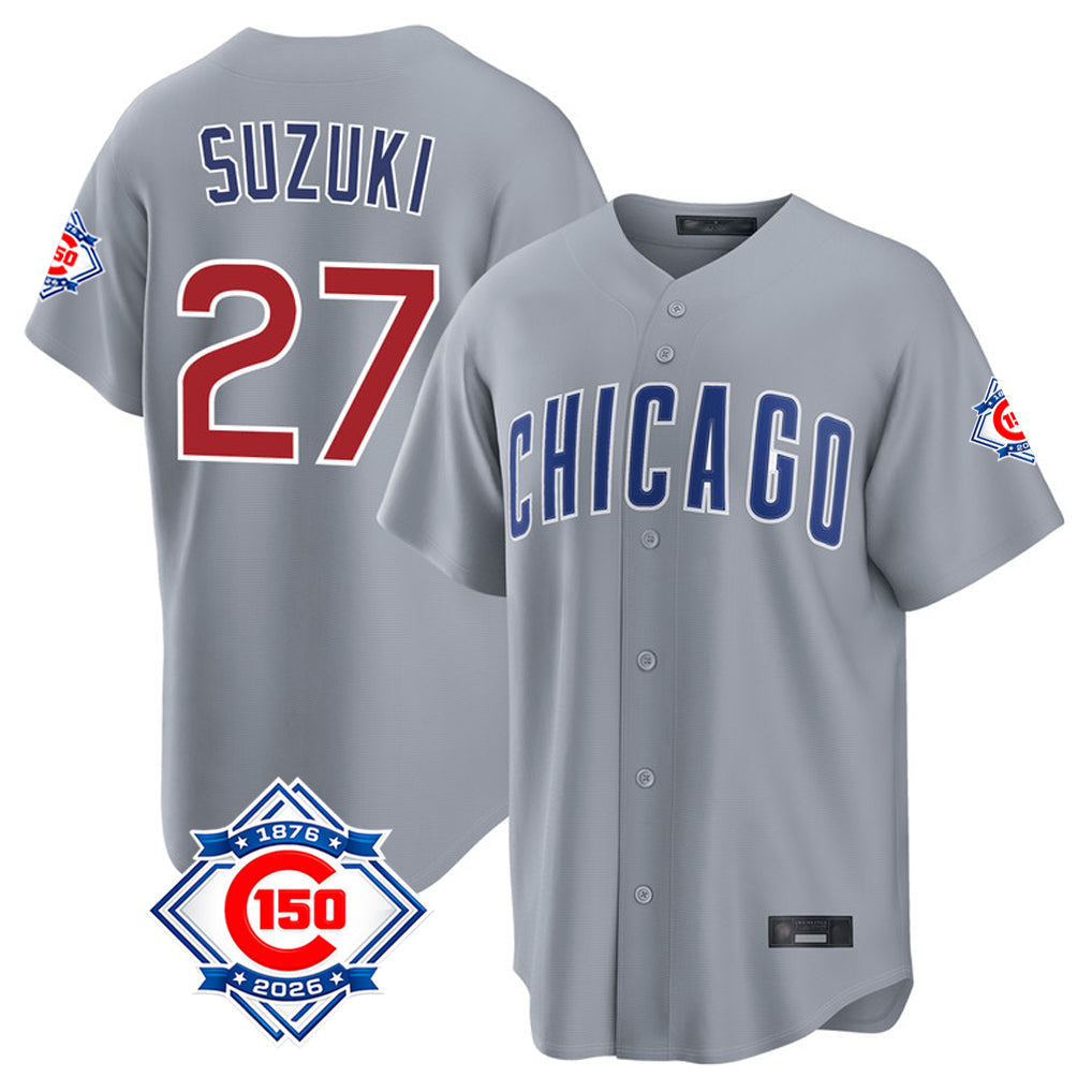 STECN C.Cubs #27 Seiya Suzuki Player Gray 150th Anniversary Home Game Stitched Jerseys