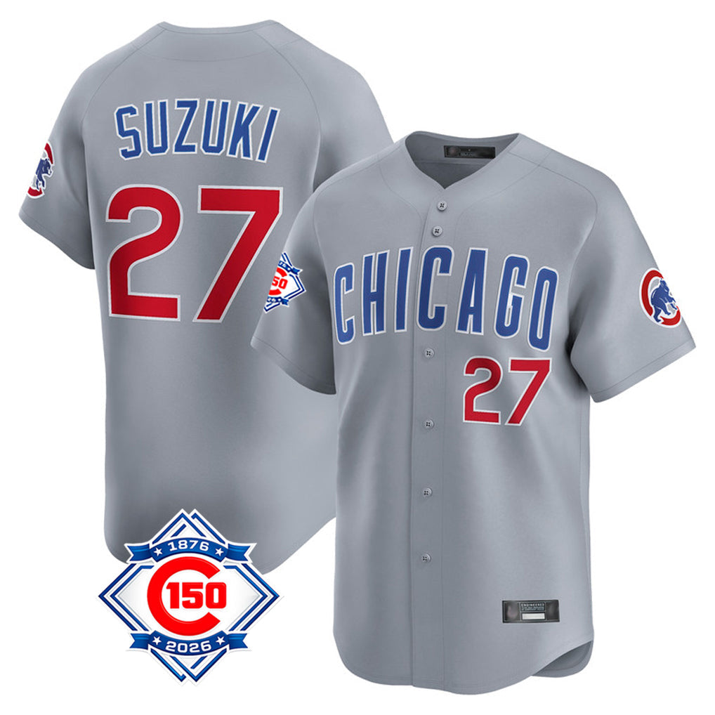 STECN C.Cubs #27 Seiya Suzuki Player Gray Road 150th Anniversary Limited Home Stitched Jerseys