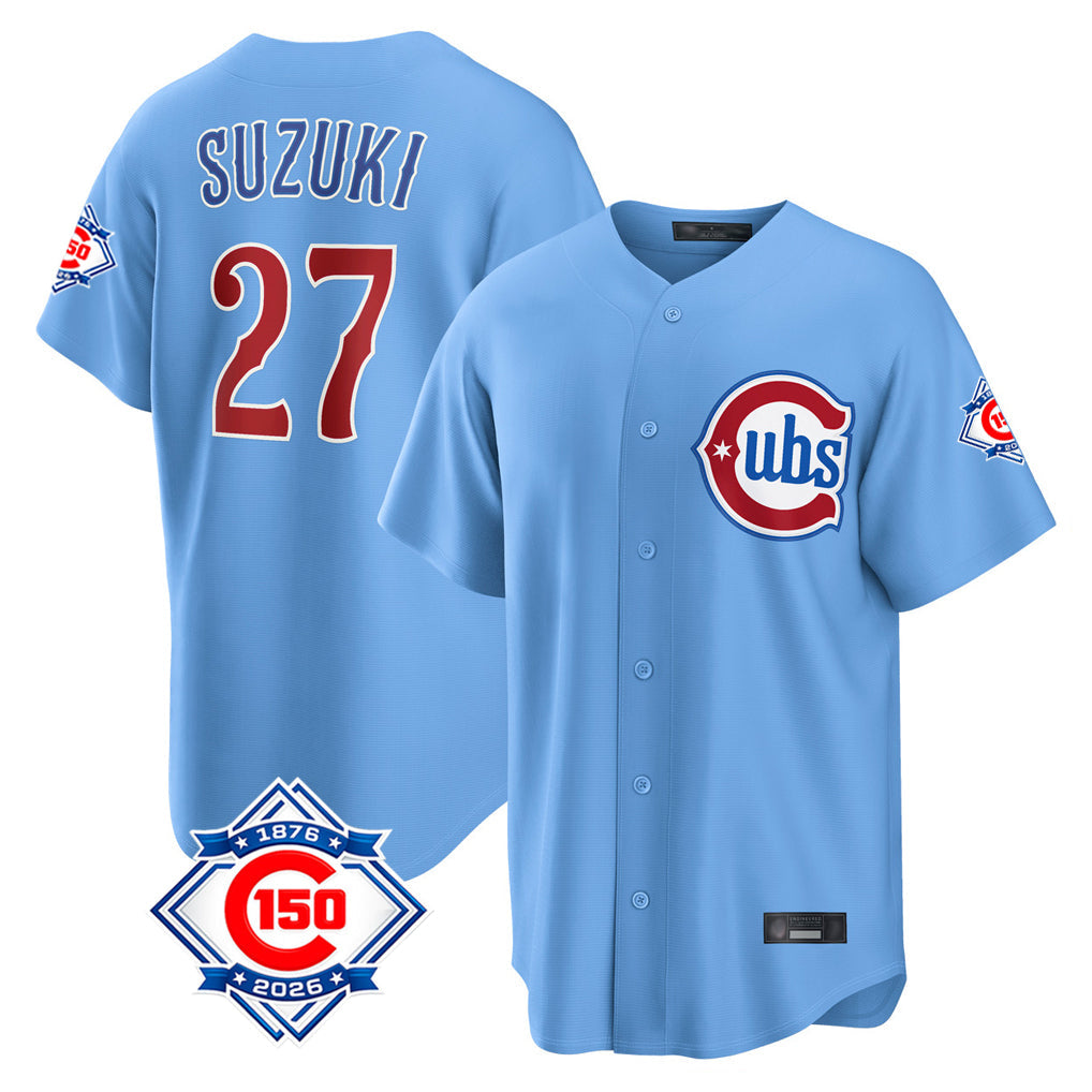 STECN C.Cubs #27 Seiya Suzuki Player Light Blue 150th Anniversary Home Game Stitched Jerseys