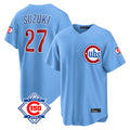 STECN C.Cubs #27 Seiya Suzuki Player Light Blue 150th Anniversary Home Game Stitched Jerseys
