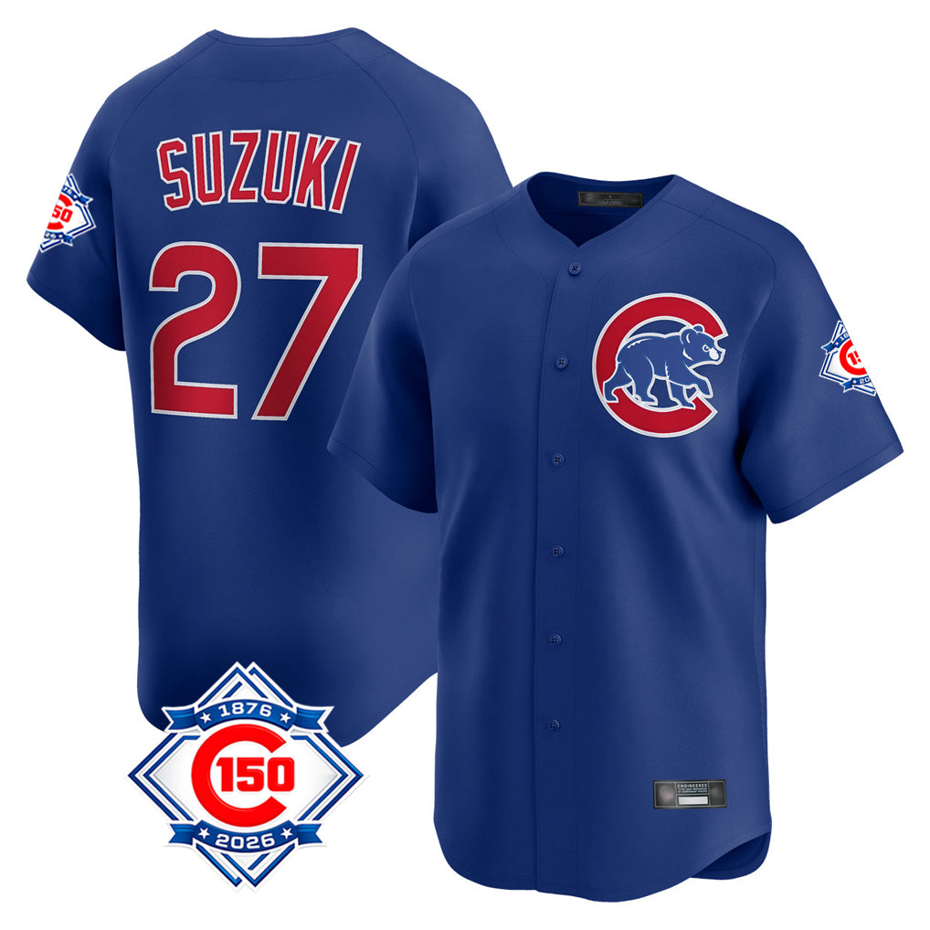 STECN C.Cubs #27 Seiya Suzuki Player Royal 150th Anniversary Limited Home Stitched Jerseys