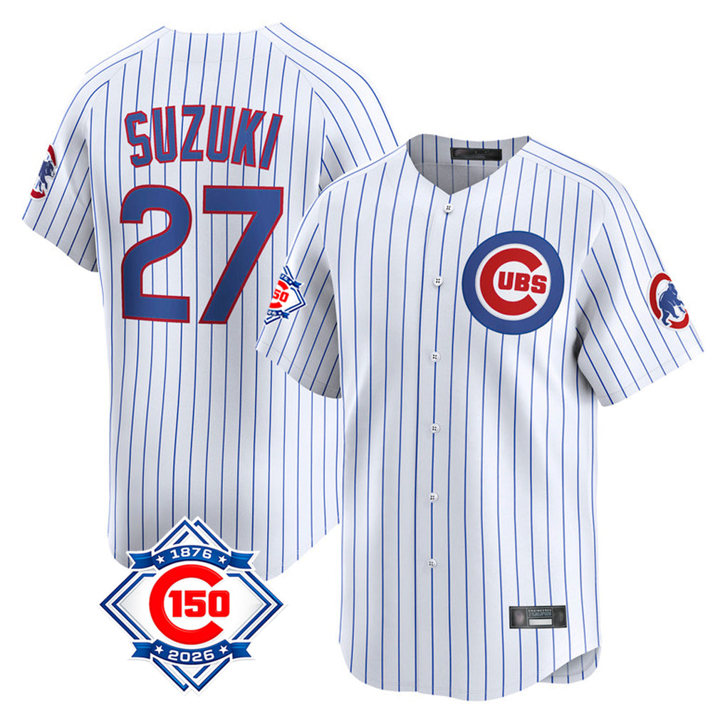 STECN C.Cubs #27 Seiya Suzuki Player White 150th Anniversary Limited Home Game Stitched Jerseys