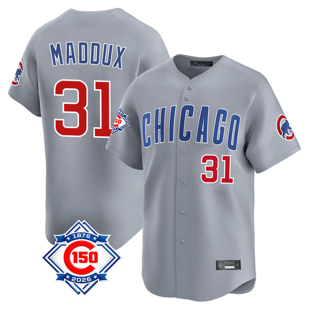 STECN C.Cubs #31 Greg Maddux Player Gray Road 150th Anniversary Limited Home Stitched Jerseys