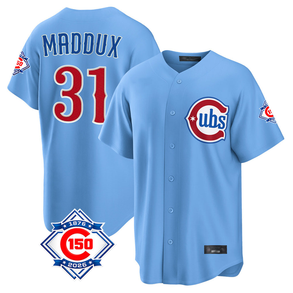STECN C.Cubs #31 Greg Maddux Player Light Blue 150th Anniversary Home Game Stitched Jerseys