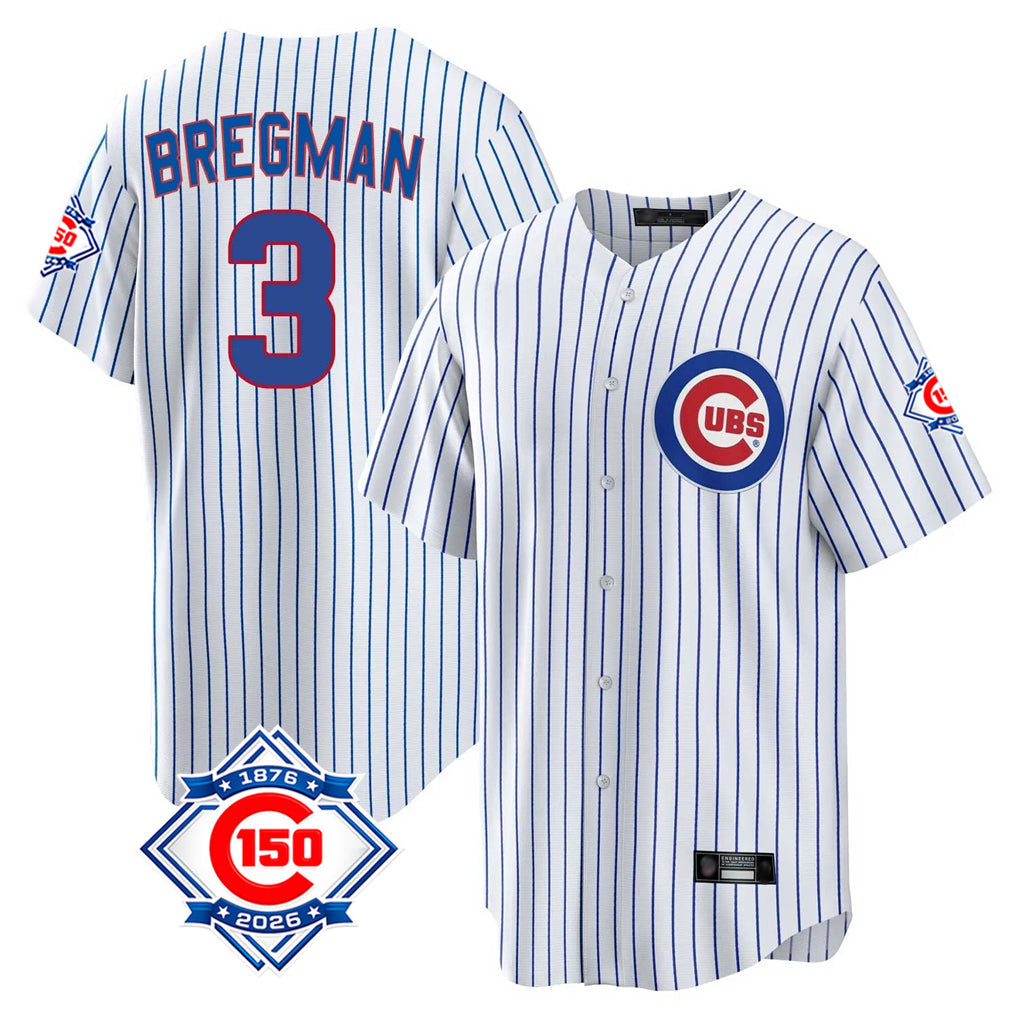 STECN C.Cubs #3 Alex Bregman White 150th Anniversary Home Game Stitched Jerseys