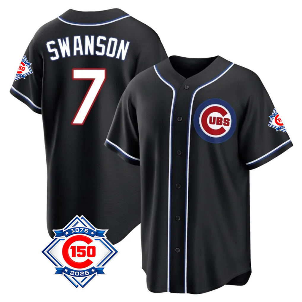 STECN C.Cubs #7 Dansby Swanson Player Black Fashion Out 150th Anniversary Game Stitched Jerseys