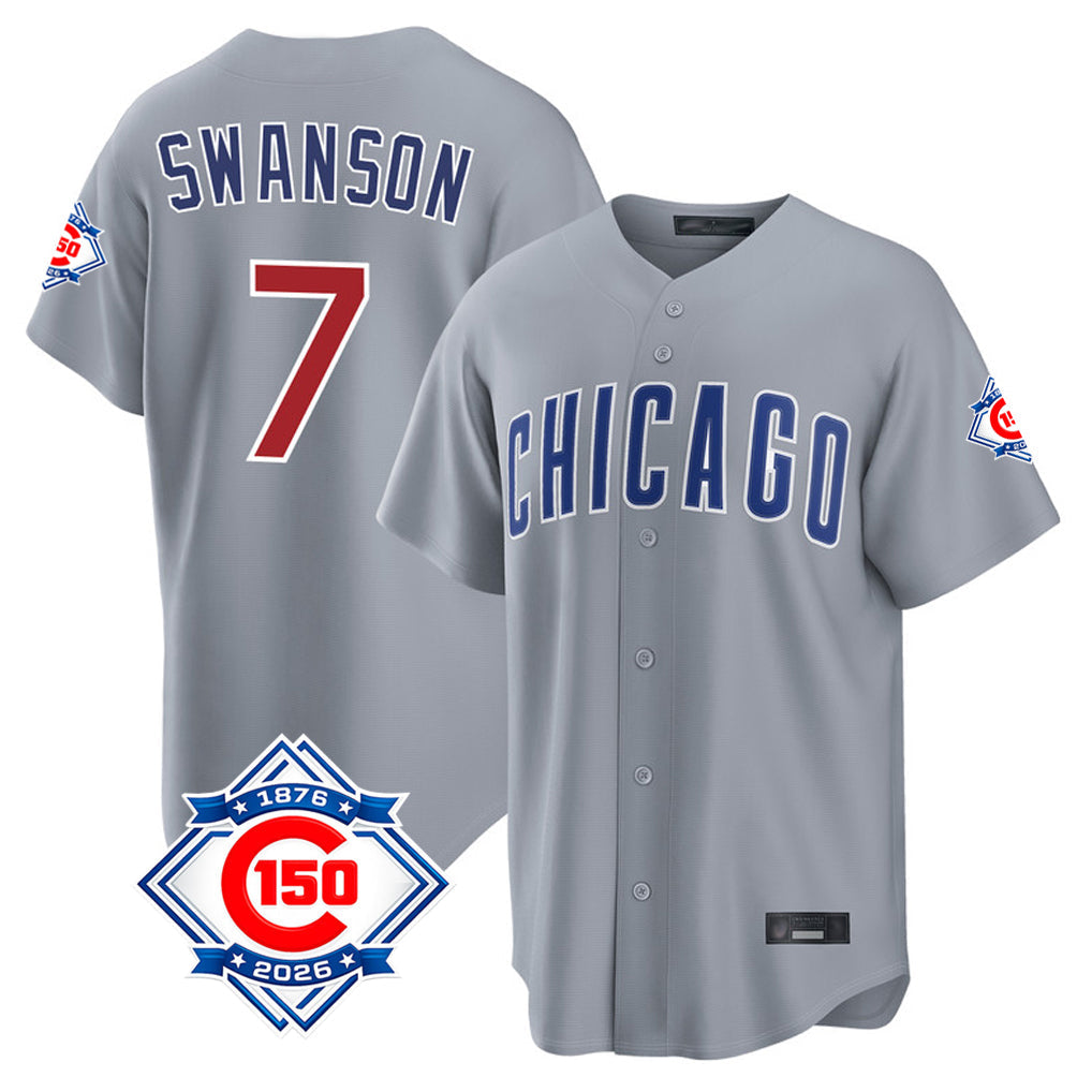 STECN C.Cubs #7 Dansby Swanson Player Gray 150th Anniversary Home Game Stitched Jerseys