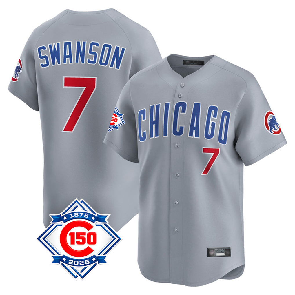 STECN C.Cubs #7 Dansby Swanson Player Gray Road 150th Anniversary Limited Home Stitched Jerseys